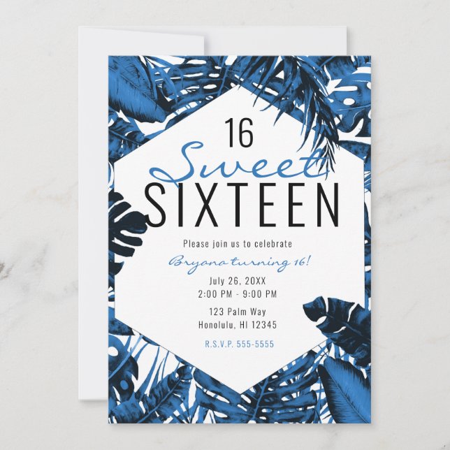 Invitation Moyenne Denim Bleu Tropical Palm Feuille Sweet 16 (Devant)