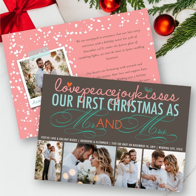 Invitation Mr. And Mrs First Christmas Photo Collage Mariage (Love Peace Joy Kisses Mr And Mrs First Christmas 4 Photo Collage Wedding Holiday Card @ fat_fa_tin)