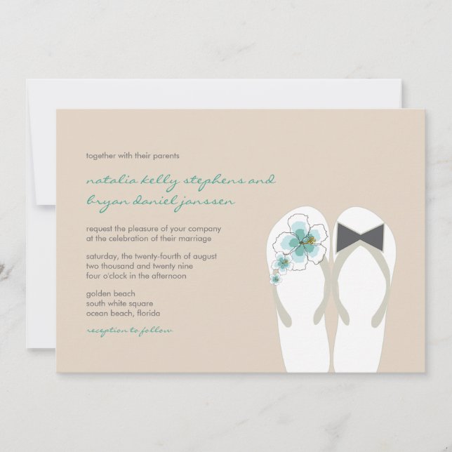 Invitation Mr & Mrs Blue Hibiscus Flip Flops Plage Mariage (Devant)