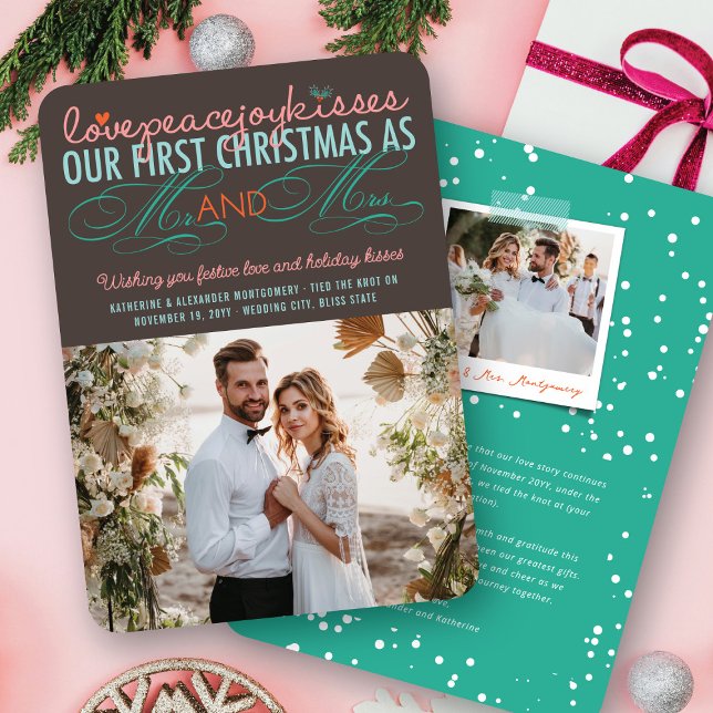 Invitation Mr & Mrs First Christmas Mistletoes Mariage photo (Love Peace Joy Kisses Mr & Mrs First Christmas Mistletoes Holiday Wedding Photo Card by fat*fa*tin)