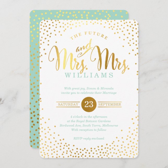 Invitation MRS & MRS STYLISH GLAM MARIAGE en or confetti ment (Devant / Derrière)