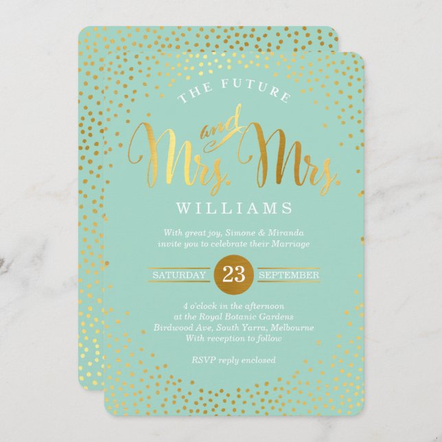 Invitation MRS & MRS STYLISH MARIAGE confetti ment or (Devant / Derrière)