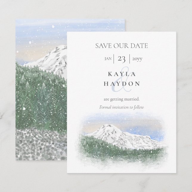 Invitation Mt Rainier, Falling Snow Wedding Save the Date (Devant / Derrière)