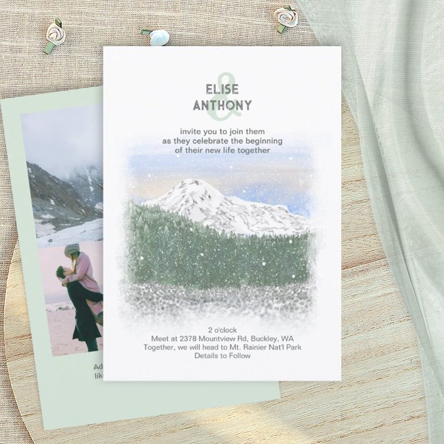 Invitation Mt. Rainier, Falling Snow, Winter Green Wedding (Mt. Rainier, mountain wedding invitation card, light green dusty blue, pacific northwest theme)