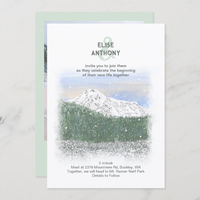Invitation Mt. Rainier, Falling Snow, Winter Green Wedding (Devant / Derrière)