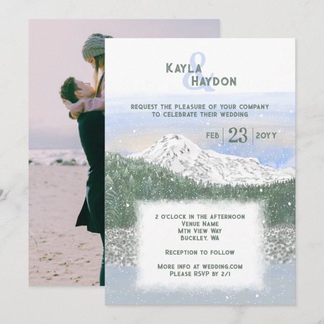 Invitation Mt. Rainier, Falling Snow Winter Wedding (Devant / Derrière)