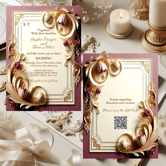 Invitation Mulberry Baroque Opulence Ivory Gold Tulip Mariage (Soft Mulberry Baroque Opulence Ivory Gold Tulip Wedding Invitation)