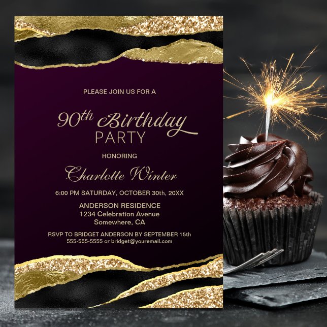 Invitation Mulberry Gold Parties scintillant 90e fête d'anniv (Créateur téléchargé)