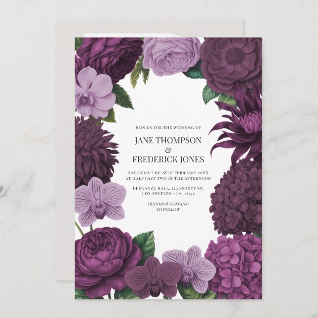 Invitation Mulberry Wine, Deep Fig & Dusty Lavender Wedding (Devant / Derrière)