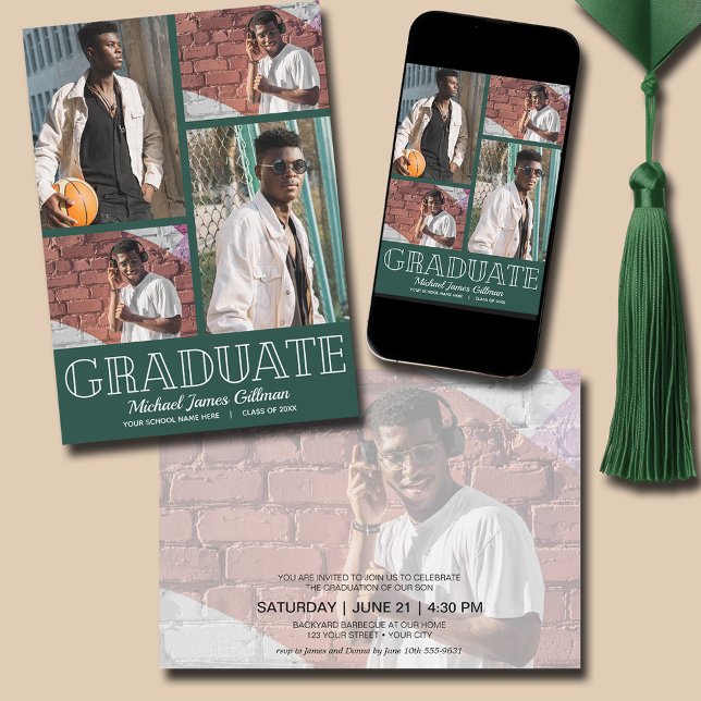Invitation Multi Photo Dark Green Graduation Party (Multi Photo Dark Green Graduation Party Invitations - PRINTED and/or INSTANT DOWNLOAD)
