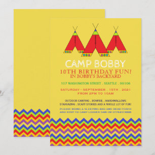 Invitation Multicolor Chevron Tipi, Camping Anniversaire