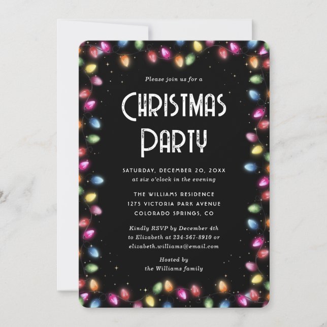 Invitation Multicolor Christmas Lights Black Holiday Party (Devant)