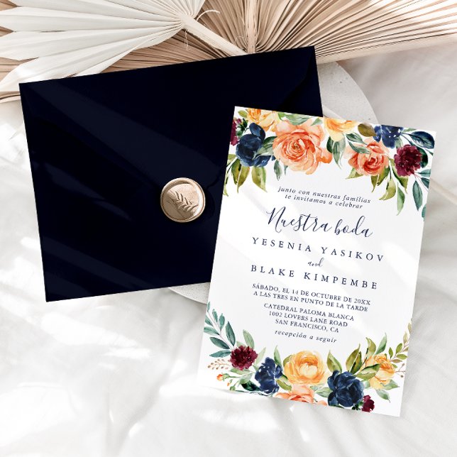 Invitation Multicolore élégant Floral Nuestra Boda Mariage (Créateur téléchargé)