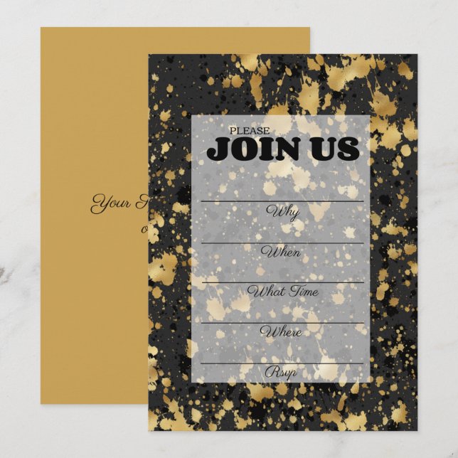Invitation multifonction à remplir en noir et or (Devant / Derrière)