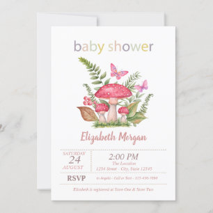 Invitation Mushrooms Papillons Points Baby Shower 