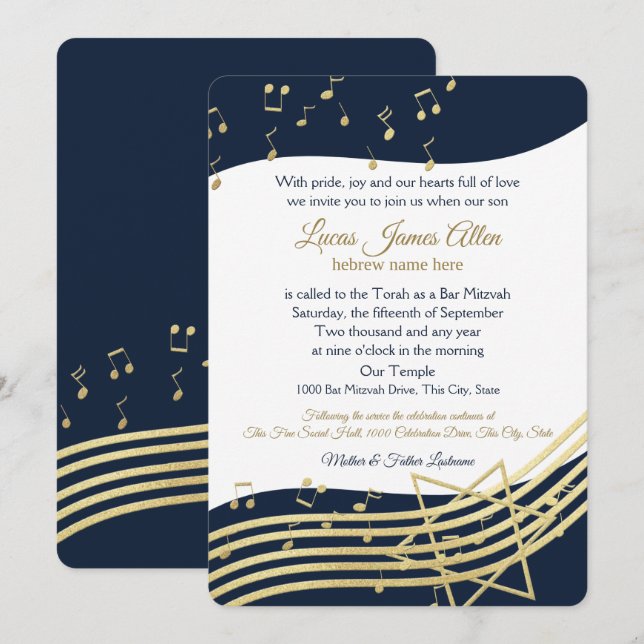 Invitation Music Bar Mitzvah Bleu et or avec changement de co (Devant / Derrière)