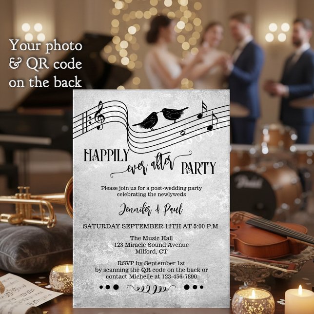 Invitation Music Happily Ever After Wedding Photo (Music themed Happily Ever After wedding invitation with song birds and musical notes in B&W + QR)