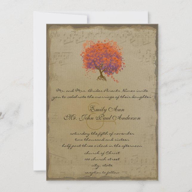 Invitation Musical Gold Orange Plum Heart Leaf Mariages (Devant)