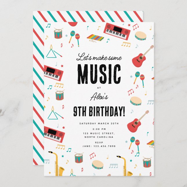 Invitation Musical Instruments Music Theme Birthday Party (Devant / Derrière)
