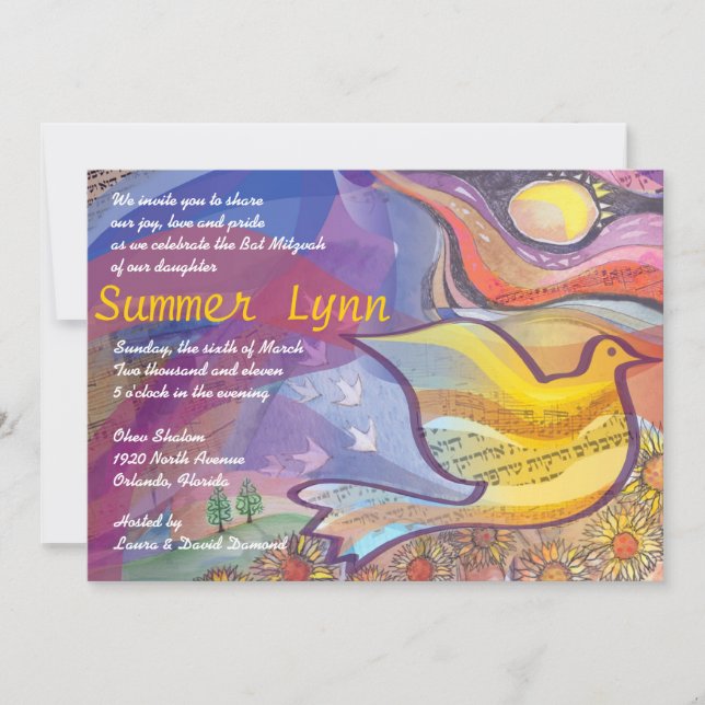 Invitation musicale de bat mitzvah de colombe de (Devant)