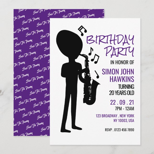 Invitation Musicien Alien, Anniversaire (Devant / Derrière)