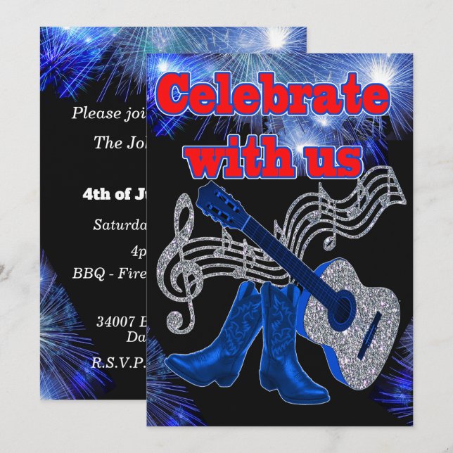 Invitation Musique Country Musique Western Guitare Bleue Et B (Devant / Derrière)