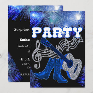 Invitation Musique Country Western Guitare Bleue Et Bottes De