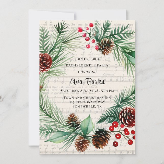 Invitation Musique de Noël Rouge Berry Wreath Bachelorette (Devant)