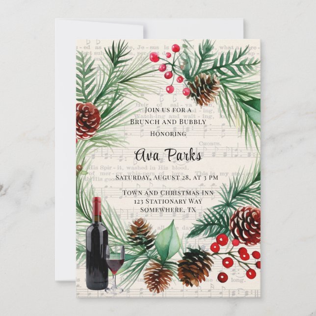 Invitation Musique de Noël Rouge Berry Wreath Brunch et Bubbl (Devant)