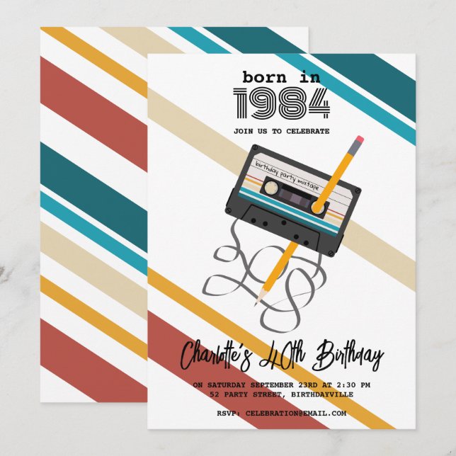 Invitation Musique des années 80 Retro Cassette Bande 40e Qua (Devant / Derrière)