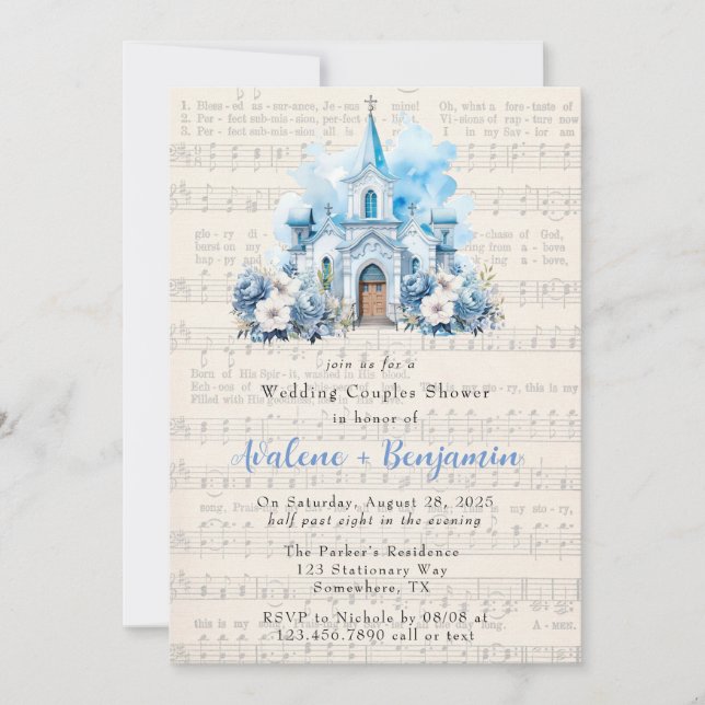 Invitation Musique Dusty Blue Church Mariage Couples Douche (Devant)