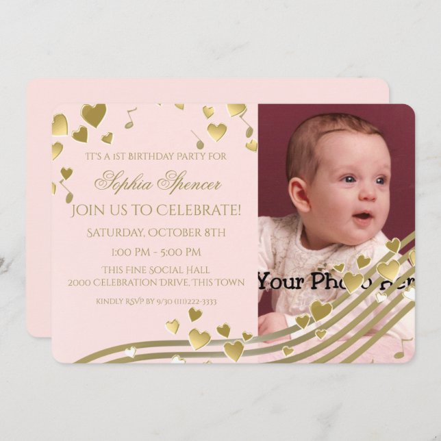 Invitation Musique et Coeurs d'anniversaire (Devant / Derrière)