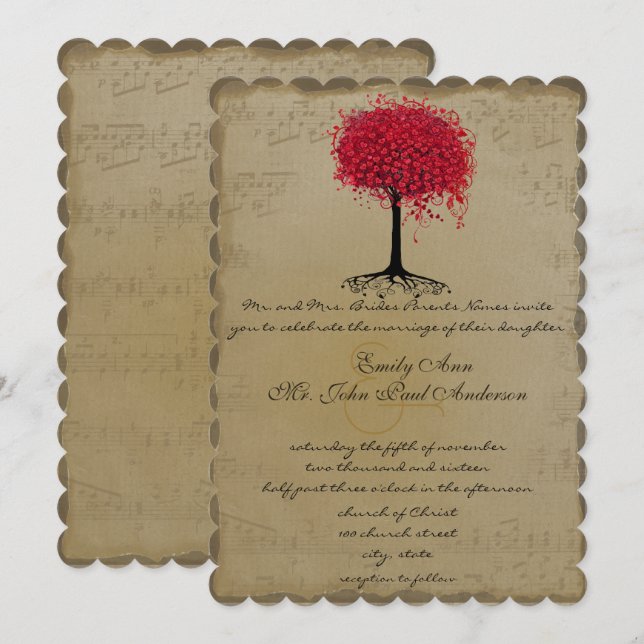 Invitation Musique Gold Rouge coeur Leaf Tree Mariage Invitat (Devant / Derrière)