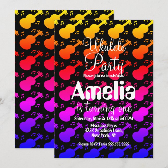 Invitation Musique guitare Ukulele Anniversaire (Devant / Derrière)