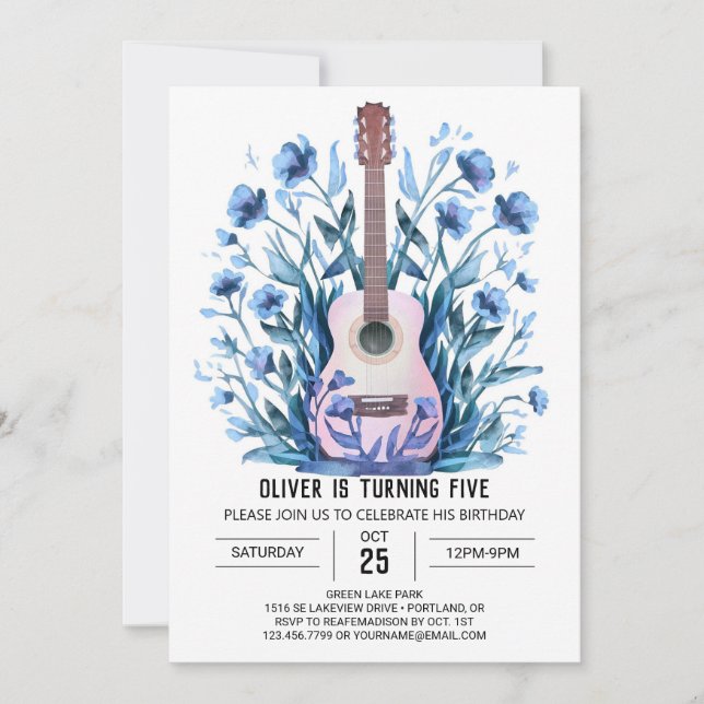 Invitation Musique Magie Bleu Guitare Garçon Anniversaire (Devant)
