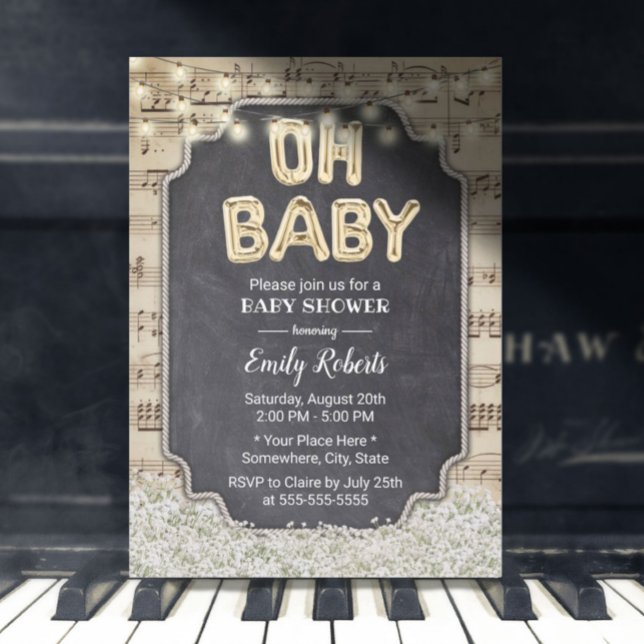 Invitation Musique Oh Baby shower Rustique Bébé's Breath Flor (Créateur téléchargé)
