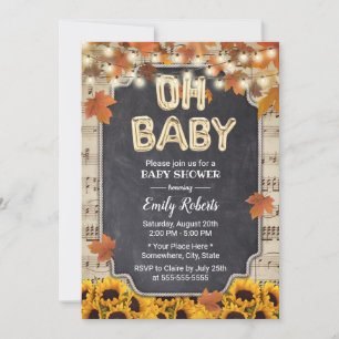 Invitation Musique Oh Baby shower Rustique Feuilles de automn