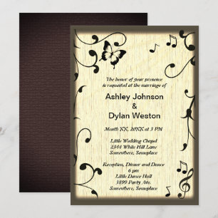 Invitation Musique Papillon Feuille Jaune Tan Mariage en bois