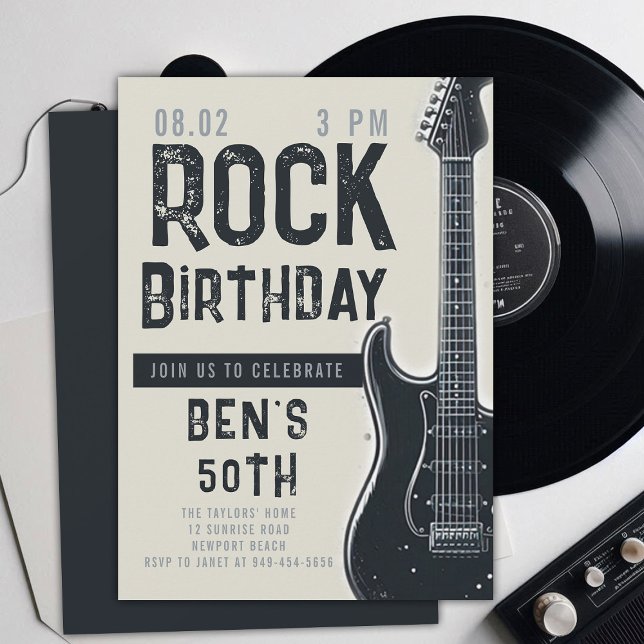 Invitation Musique rock Guitare Adulte Noir Anniversaire (music musician rock adult birthday party invitation women modern fun black electric guitar modern)