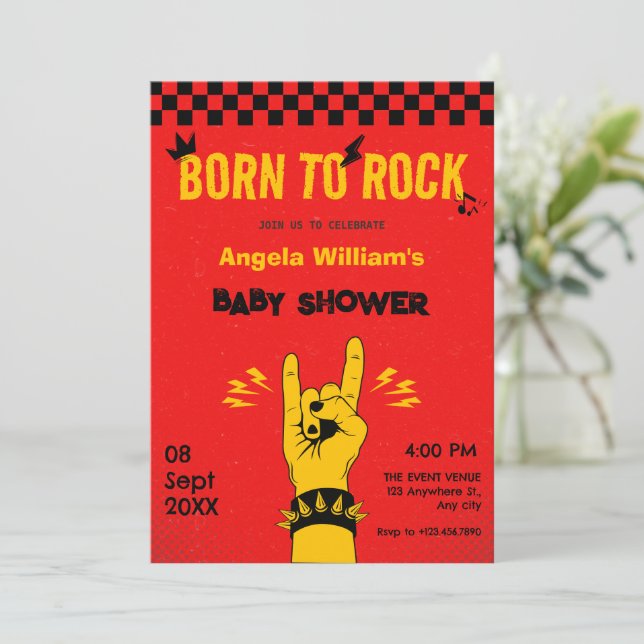 Invitation Musique rock rétro baby shower jaune rouge (Debout devant)