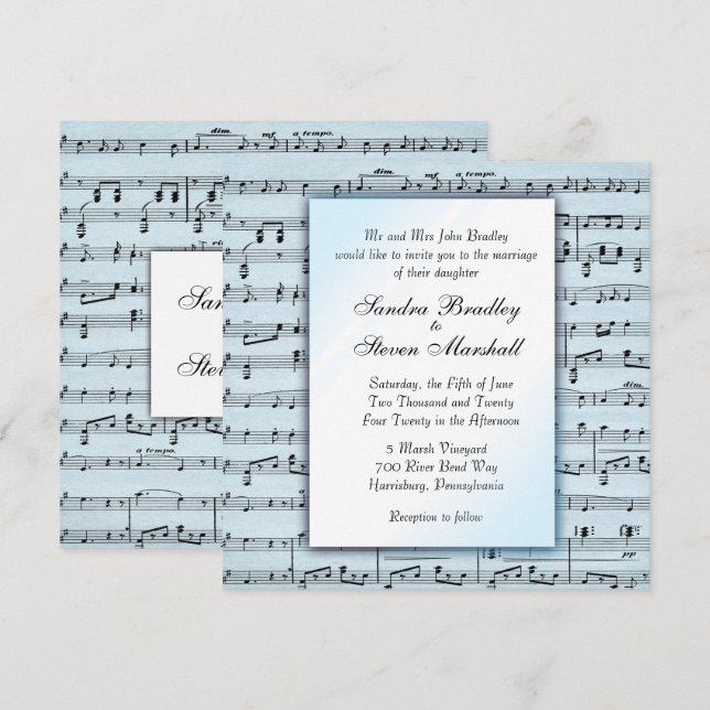 Invitation Musique Thème Mariage Feuille Bleue Musique Invita (Devant / Derrière)