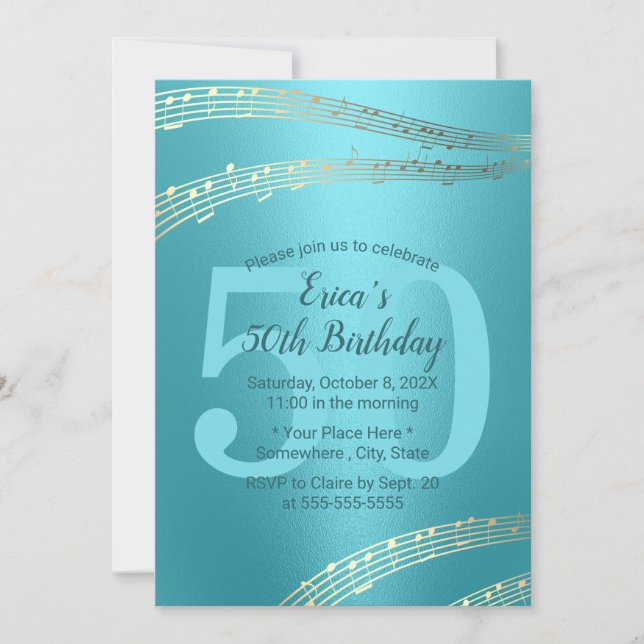 Invitation Musique Turquoise & Gold moderne 50e anniversaire (Devant)