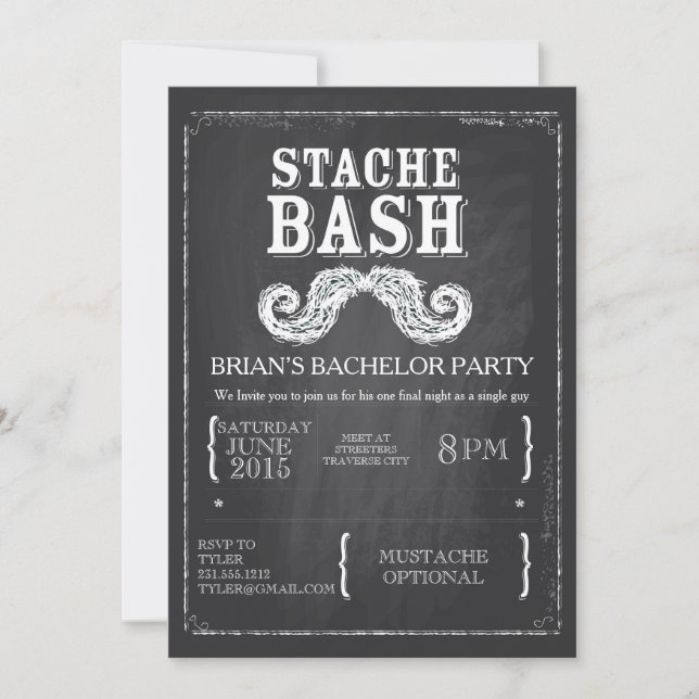 Invitation Mustache Bash Bachelor Party Chalkboard Hipster (Devant)