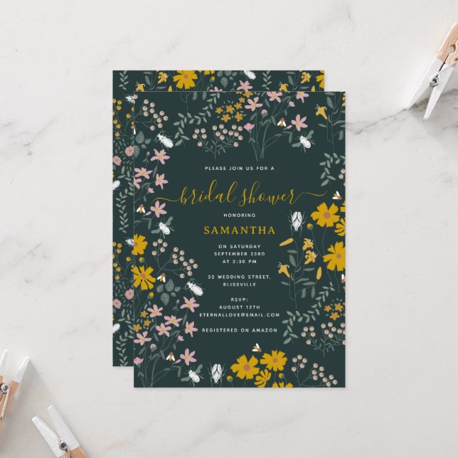 Invitation Mustard Floral Bohème Fleur sauvage Fête des marié (Devant/Arrière en situation)