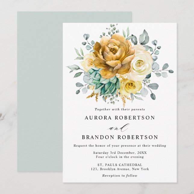 Invitation Mustard Jaune Floral Sage Vert Mariage moderne (Devant / Derrière)