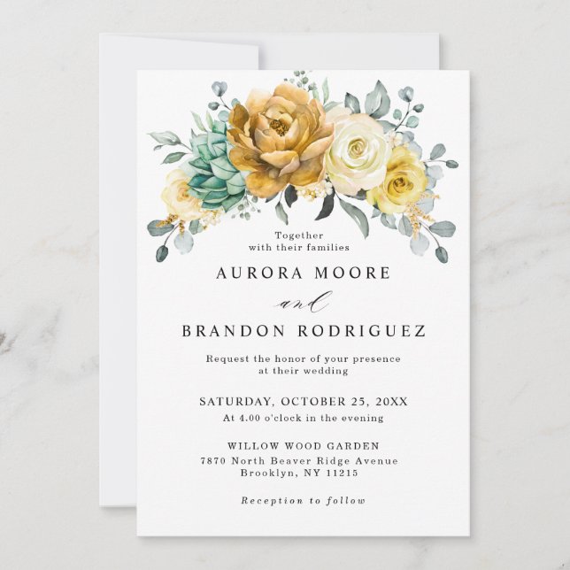 Invitation Mustard Jaune Floral Sage Vert Mariage moderne (Devant)