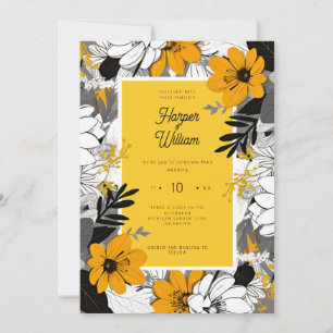 Invitation Mustard jaune noir et blanc fleurs mariage