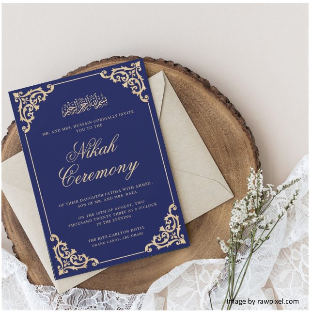 Invitation Musulman Nikah Blue Gold Mariage islamique (Créateur téléchargé)