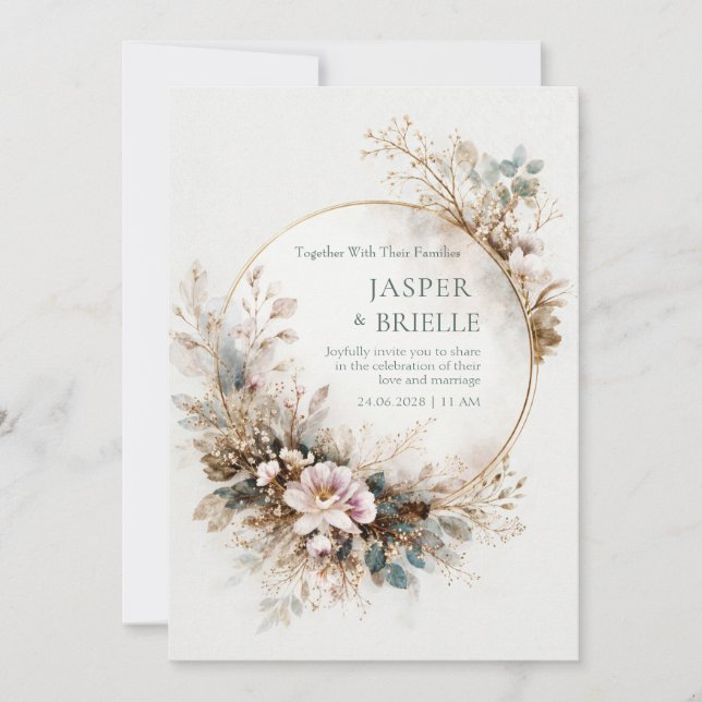 Invitation Muted Teal Watercolor Gold Circle Wedding (Devant)