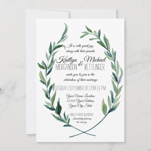 Invitation Mutée 5X7 Laurel Wreath Olive Leaf Moderne (Devant)